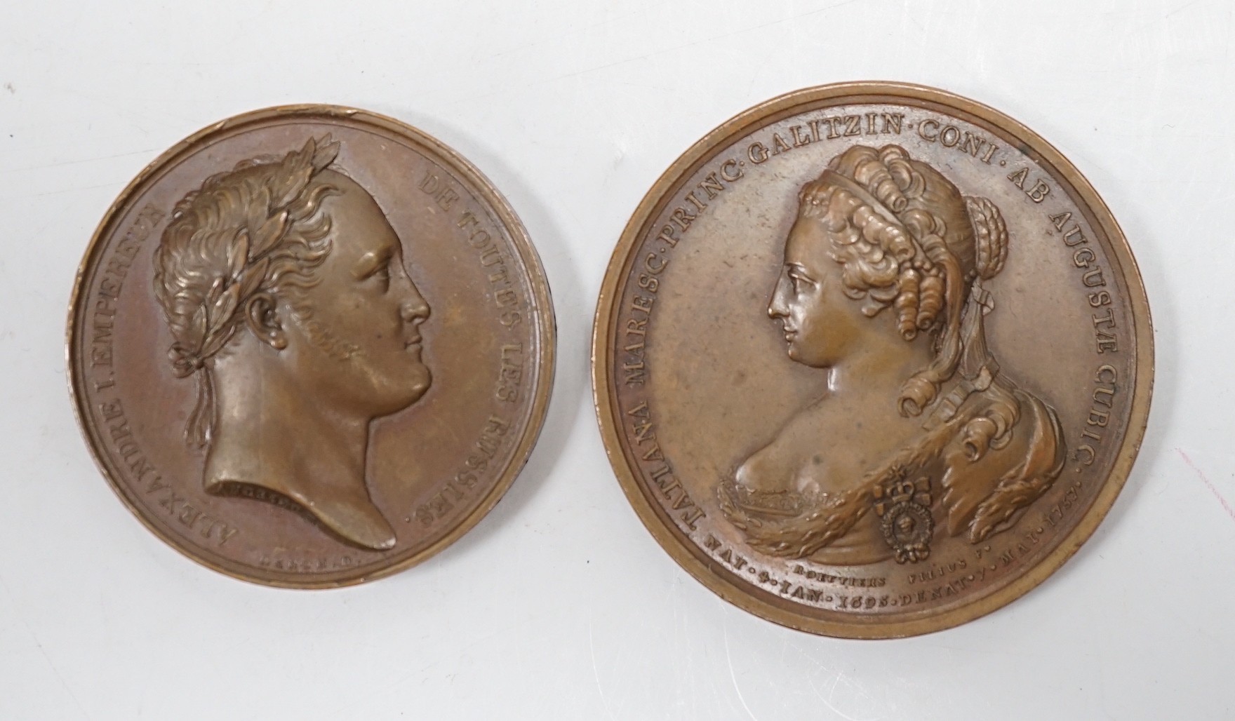 Two 18th/19th century Russia commemorative medals – a Death of Princess Tatiano Galitsyn copper medal 1757 and an Alexander I Visit to Paris bronze medal 1814